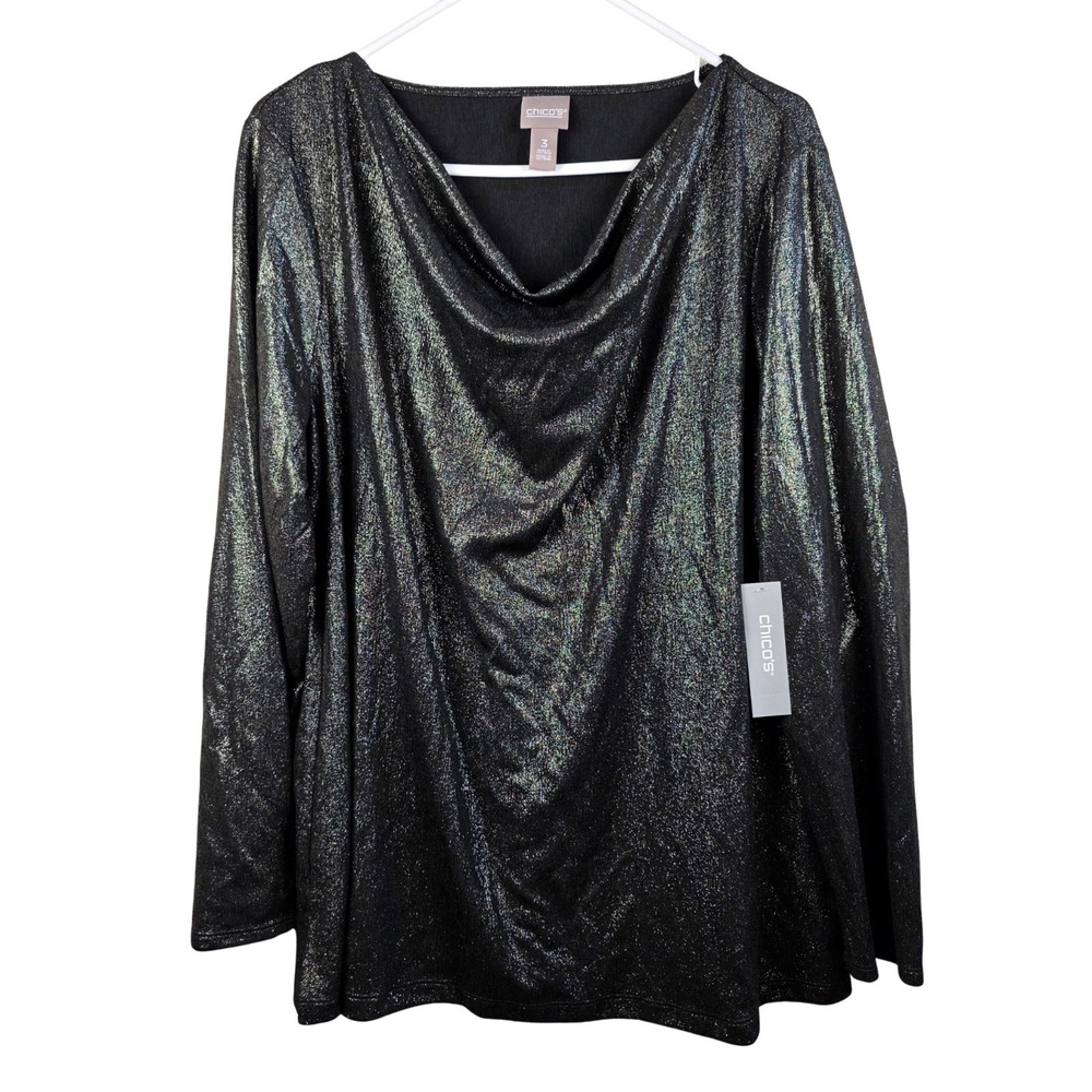 Chicos Top Size XL (Chico's 3) Cowl Neck Shimmer Black Long Sleeve - Picture 1 of 10